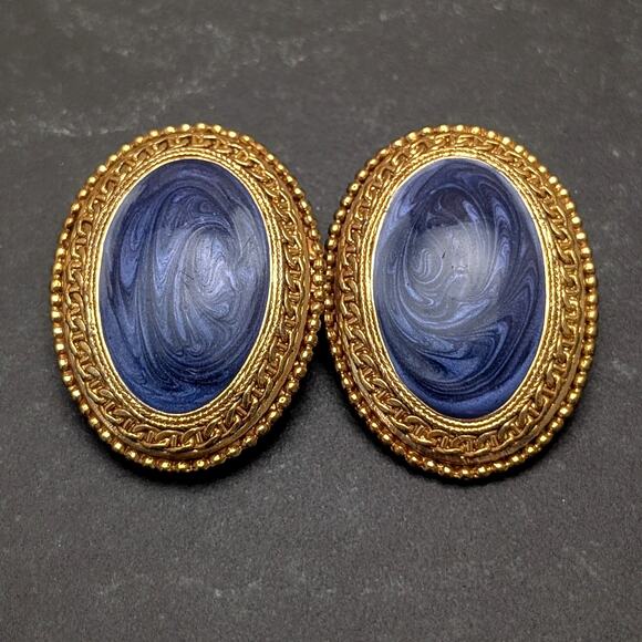 Vintage Jewelry - Vintage Clip On Earrings Extra Large 1.75" Oval Gold Tone & Dark Blue Enamel